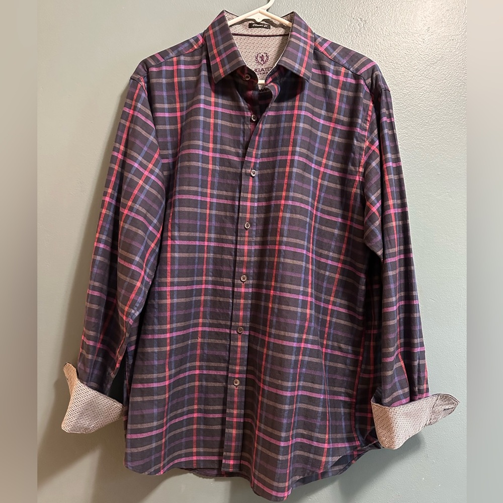 Bugatchi Classic Fit Flip Cuff Men's Plaid Long Sleeve Button Up Shirt Size L
